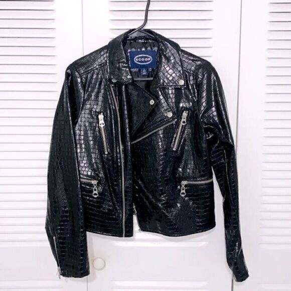 Vegan Leather Pleather Croc Embossed Shiny Moto Motorcycle Jacket with Zippers M - Picture 1 of 7